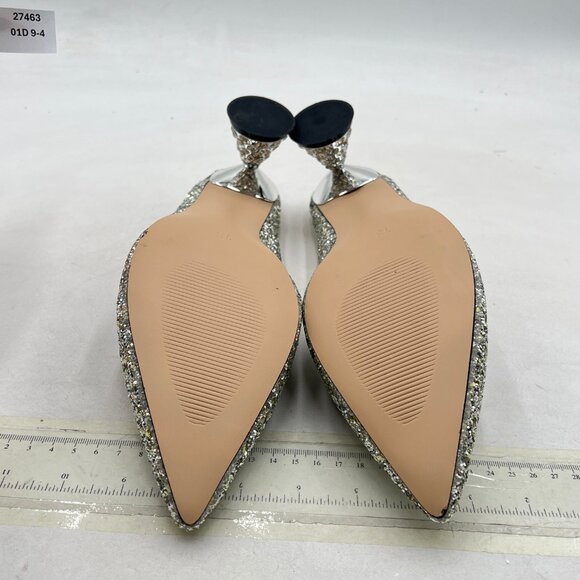 FSJ SIlver Glitter Rhinestone Cone Low Heel Mules Pointed Toe One Strap Sandals - Picture 7 of 8